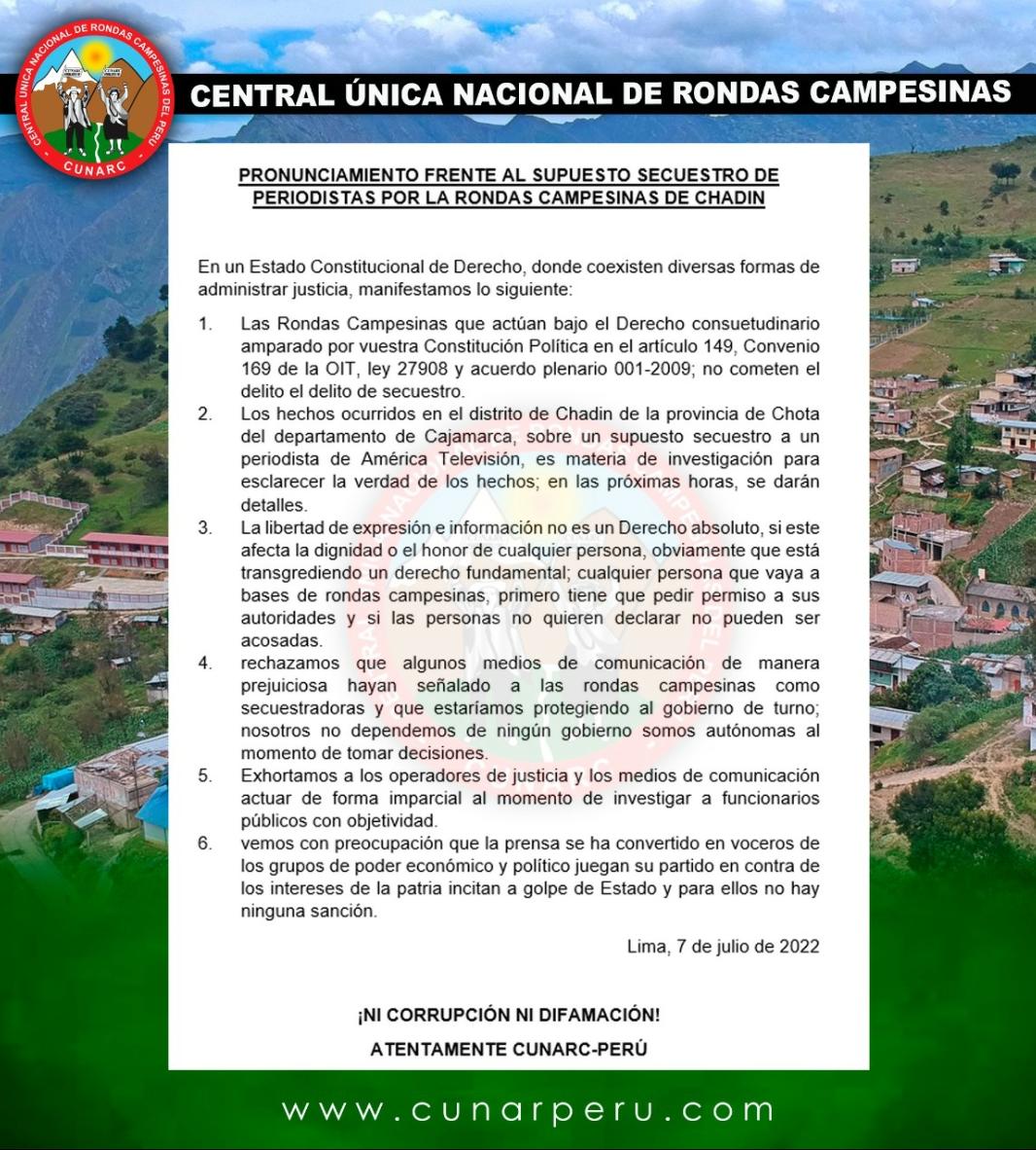 sonperuanos's tweet photo. 🚨#LAOTRAPARTE: Comunicado de la Central Única de Rondas Campesinas (CUNARC-PERÚ) respecto a los hechos.

Tag: Chota #PrensaBasuraYGolpista Gorriti Lucar https://t.co/7xWts0CN11