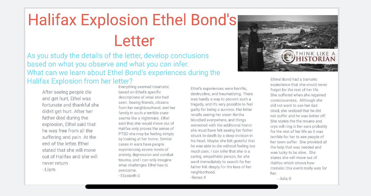 Awesome effort during Virtual Summer School! 👀 Ss read letter transcripts of people who survived during the Halifax Explosion &amp; are well on their way to Thinking Like Historians!  📜 <a href="/YCDSB/">York Catholic District School Board</a> #CanadianWorldStudies #VirtualSchool