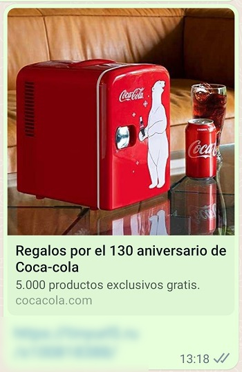 guardiacivil's tweet photo. ⚠️#ALERTA‼️ Coca-Cola no está haciendo regalos por su 130 aniversario. Se trata de un WhatsApp fraudulento que dirige a un formulario web donde ofrecen tarjetas de 500 € en⛽ Shell y en realidad suscribe a un servicio de 43,50 € cada 14 días #NoPiques👇

https://t.co/ODAjqZ7JnZ https://t.co/tvyMk8wSwk