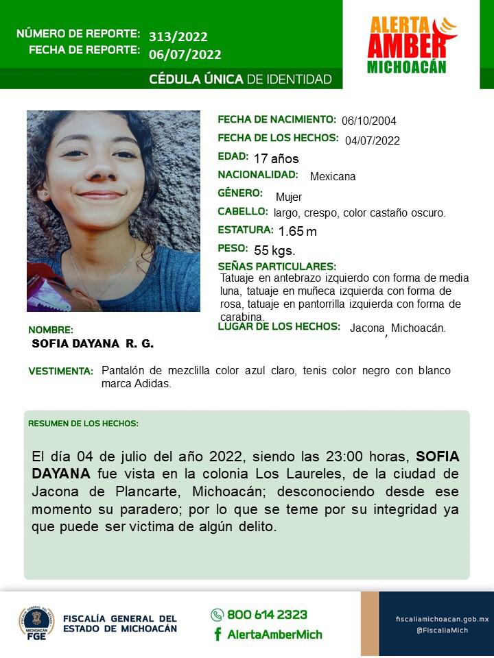 AlertaAmberMich's tweet photo. Solicitamos su apoyo para la búsqueda y localización de SOFIA DAYANA R.G. de 17 años de edad. #AlertaAmberMx #AlertaAmberMich #FGEMich @botDesaparecidx https://t.co/Jx6XSpSabo