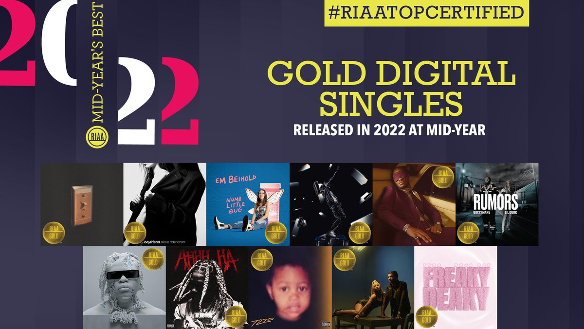 RIAA's tweet photo. 📅 At mid-year ONLY 11 singles released in 2022 are G📀LD! Congrats to @charlieputh @DoveCameron @EmBeihold @FivioForeign @kanyewest &amp; @aliciakeys @1future @gucci1017 @1GunnaGunna &amp; @youngthug @lildurk @NICKIMINAJ &amp; @lilbaby4pf and @Tyga &amp; @DojaCat! 👏 https://t.co/j5zBF0uxxg https://t.co/Z2g0Tc15c9