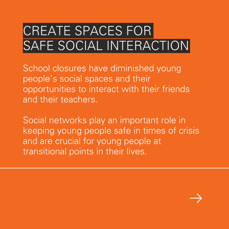 UNICEFInnocenti's tweet photo. To support young people during &amp; after crises like #COVID19, @UNICEFInnocenti recommends  

🧘‍♀️promoting #MentalHealth awareness 
👨🏽‍🤝‍👨🏻creating safe spaces for social interaction  
💻improving access to digital infrastructure  
🙋🏽‍♂️involving young people in policy design 

Learn more⬇