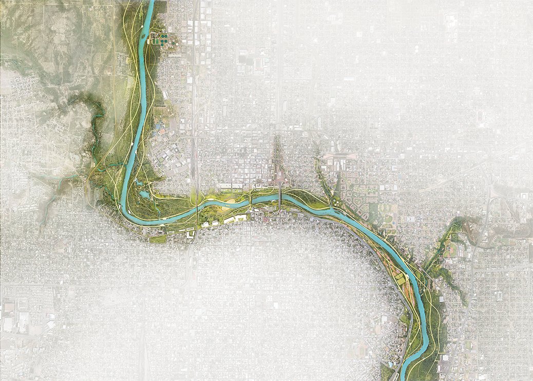 landarchmag's tweet photo. .@theOLINstudio, @OverlandPartner, and @ArupGroup are looking for ways to reunite the border cities of Laredo, Texas, and Nuevo Laredo, Mexico with a binational park that stretches across 6 miles of the Rio Grande River. https://t.co/PNHd3aUuEJ https://t.co/C05c6HBbSF