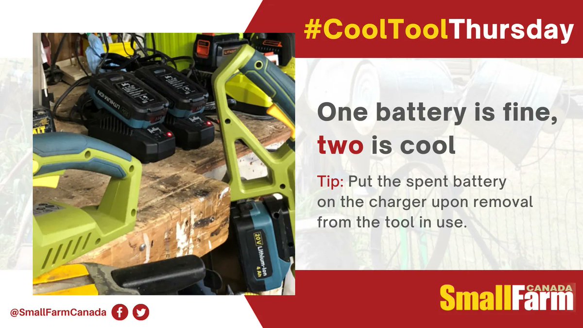 SmallFarmCanada's tweet image. Happy #CoolToolThursday! 

This week, Julie Harlow shares her experience with battery powered tools that offer a lot of convenience, light weight and more! 

Read more here🔻
smallfarmcanada.ca/cool-tools/one…

#SmallFarmCanada #BatteryTools #CoolTool