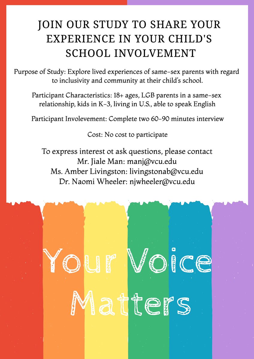 If you identify as LGB and a parent to a child in K-3 please join our study. Share your experiences at your child’s school, feeling included and belonging. We hope to include your voice to develop ideas for how school communities can better support and welcome all families.