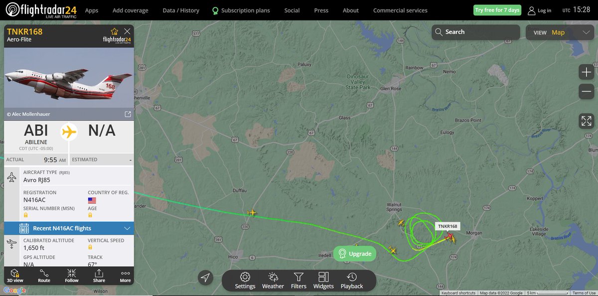 3 Avro RJ-85's and a BE200 out of Abilene now on the #HardCastleFire in Bosque County, Texas #AvGeek