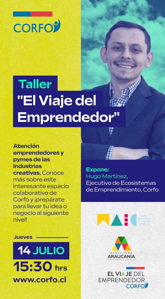 Atención! 

Este 14 de julio calendario 📅 a las 15:30 hrs 🕞 se realizará el taller "El viaje del emprendedor" 🚀 dirigido, especialmente, a pymes y emprendedores de la industria creativa 👩‍🎨 

Inscríbete aquí! 👇

us02web.zoom.us/meeting/regist…