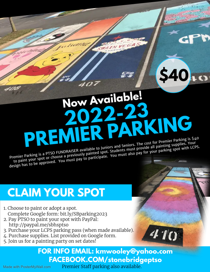 StoneBridgePTSO's tweet photo. Link to sign up https://t.co/zRPo96cKae
Link to pay  https://t.co/sRidqPSNnp
Premier Parking is a PTSO FUNDRAISER available to Juniors and Seniors. The cost for Premier Parking is $40 to paint your spot or choose a previously painted spot. https://t.co/4HqffxxAdP