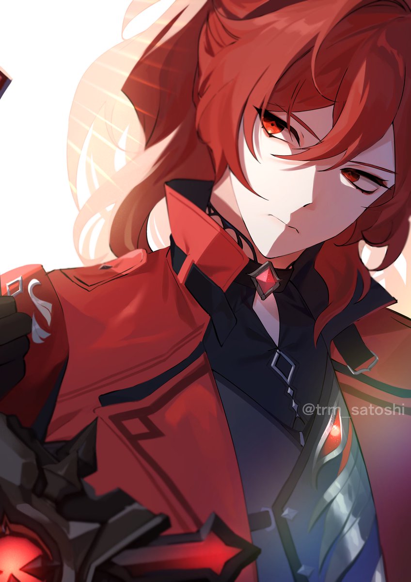 diluc (genshin impact) 1boy red eyes male focus red hair solo ponytail closed mouth  illustration images