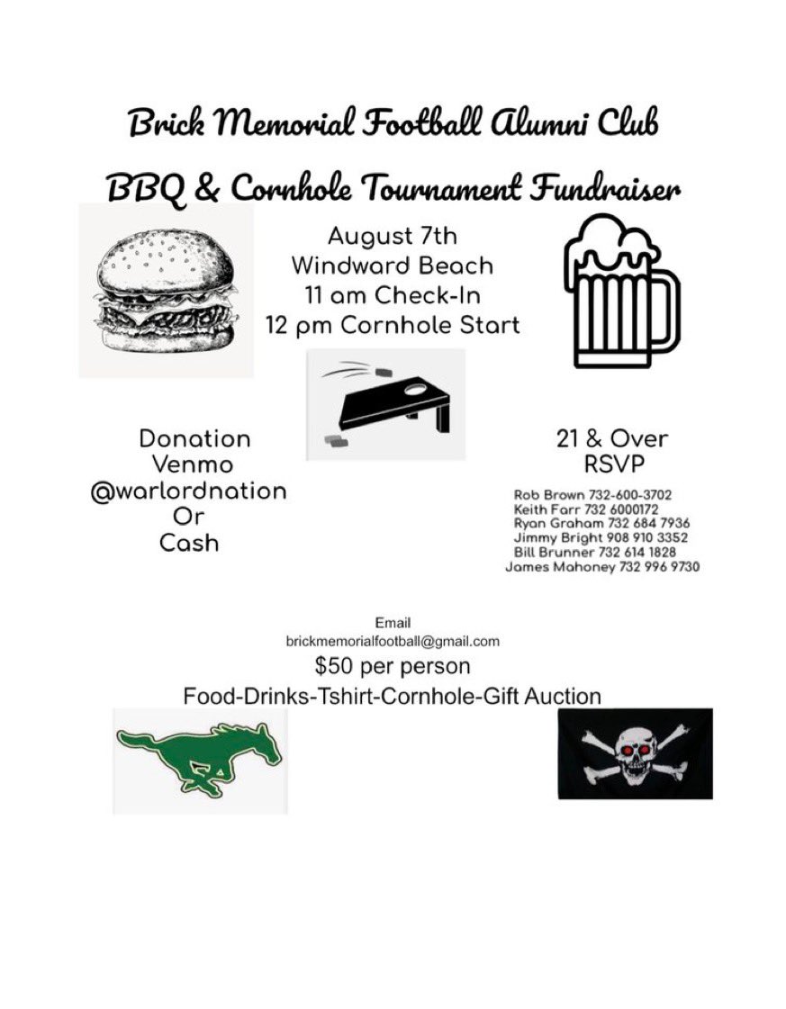 BrickMemorialFB's tweet photo. 2nd Annual Brick Memorial Football Cornhole tournament &amp; BBQ Fundraiser! Come out and have a great time August 7th at Windward beach park! Last year we had over 60 former mustangs. Hope to see even more this year! https://t.co/SB20FOebWB