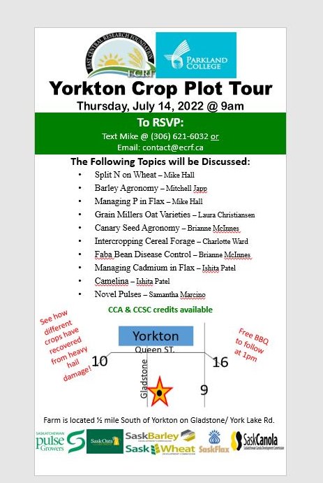 ECRF-Mike Hall (@nesonisto) on Twitter photo Our Crop Plot Tour is one week away on July 14, 2022 @ 9am. Text 306-621-6032 or email contact@ecrf.ca to register.
<a href="/SaskWheat/">Sask Wheat</a> <a href="/SaskPulse/">Saskatchewan Pulse Growers</a> <a href="/SaskFlax/">SaskFlax</a> <a href="/SaskBarley/">SaskBarley</a> @SaskCanola <a href="/OatNewsletter/">Oat Newsletter</a> <a href="/SaskCattlemens/">Sask Beef</a> <a href="/SKAgriculture/">Sask Agriculture</a> <a href="/CollegeofChoice/">Parkland College</a> Our Crop Plot Tour is one week away on July 14, 2022 @ 9am. Text 306-621-6032 or email contact@ecrf.ca to register.
<a href="/SaskWheat/">Sask Wheat</a> <a href="/SaskPulse/">Saskatchewan Pulse Growers</a> <a href="/SaskFlax/">SaskFlax</a> <a href="/SaskBarley/">SaskBarley</a> @SaskCanola <a href="/OatNewsletter/">Oat Newsletter</a> <a href="/SaskCattlemens/">Sask Beef</a> <a href="/SKAgriculture/">Sask Agriculture</a> <a href="/CollegeofChoice/">Parkland College</a>