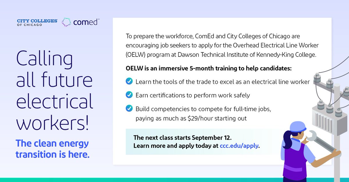 ChiCityColleges's tweet photo. Excited to share that we've expanded our partnership w/ @ComEd as we continue to stay committed to removing barriers to #jobtraining &amp; access to #employmentopportunities!

Learn more about the Overhead #ElectricalLineWorker Training Program at Dawson Tech. https://t.co/GE2IZ14opN https://t.co/v1mHnVlNza