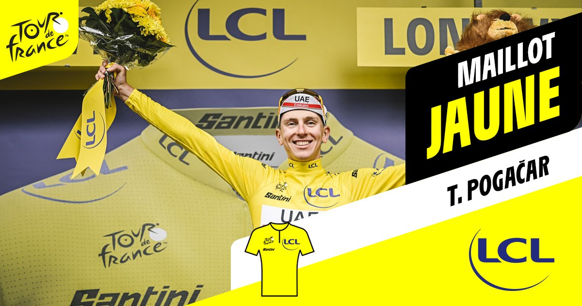 LeTour's tweet photo. 🎽 Jerseys after stage 6 / Maillots distinctifs après l'étape 6

💛 @TamauPogi
💚 @WoutvanAert
🔴 @MagnusCort
👶 @TamauPogi 

#TDF2022 https://t.co/TNsF4hvcY6
