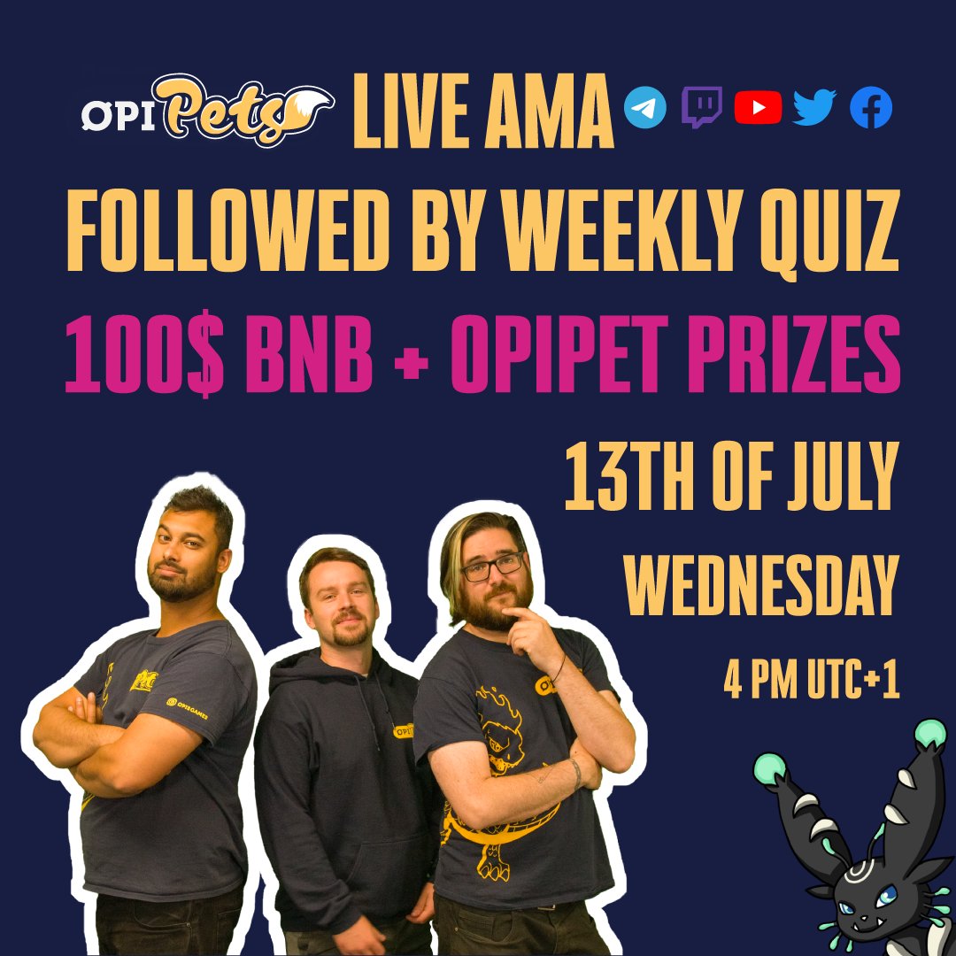 opipetsgame's tweet image. 💰 $100 of BNB and some amazing OpiPets prizes up for grabs!
🔥 OpiPets Live AMA &amp;amp; Community Quiz is coming!
📜 eu1.hubs.ly/H01fZ0G0
❓ Test your knowledge and compete against other community members on Discord: eu1.hubs.ly/H01fZ220
⏰Date: 13/07/22 4:00pm UTC+1
#Quiz #AMA