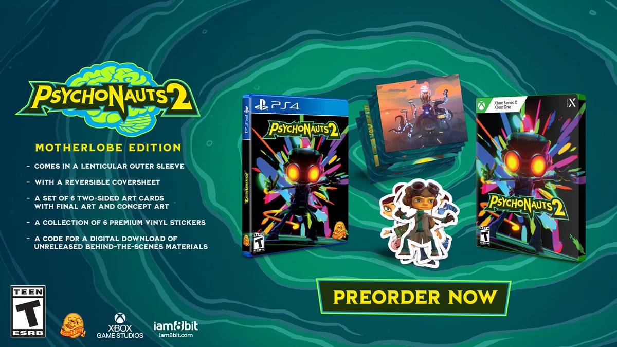 iam8bit on Twitter: "The Psychonauts 2 Motherlobe Edition (retail release) comes with a lenticular o-sleeve, a PREMIUM die-cut sticker pack, 6 art cards, a reversible cover sheet, and a digital download of