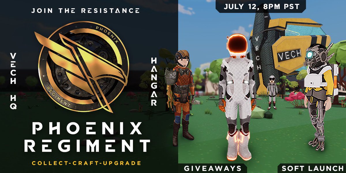 VECH (@the_vech) on Twitter photo Our <a href="/decentraland/">Decentraland</a> game is here!!!
Soft Launch on July 12th, 8pm PST
Phoenix Regiment is a sci-fi resource management game set in the VECH Universe.
Collect, craft and dispatch resources before the portal collapses to earn amazing rewards! πππ #vech #phoenixregiment Our <a href="/decentraland/">Decentraland</a> game is here!!!
Soft Launch on July 12th, 8pm PST
Phoenix Regiment is a sci-fi resource management game set in the VECH Universe.
Collect, craft and dispatch resources before the portal collapses to earn amazing rewards! πππ #vech #phoenixregiment