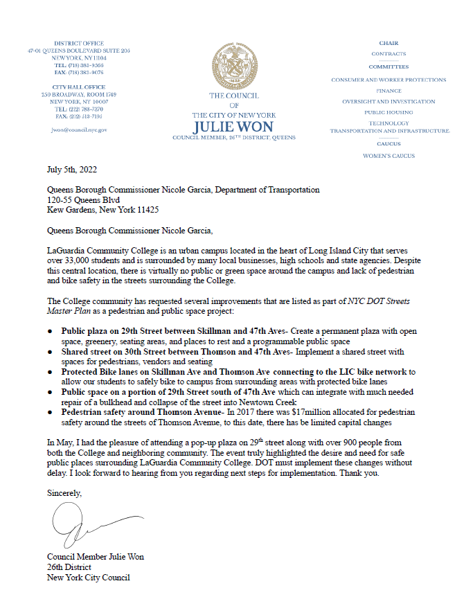 CMJulieWon's tweet photo. Please read the letter we wrote to the Department of Transportation to improve and create safe green spaces around @LaGuardiaCC's campus. 

Our students deserve safe public spaces near campus! https://t.co/nMDWgoam8C
