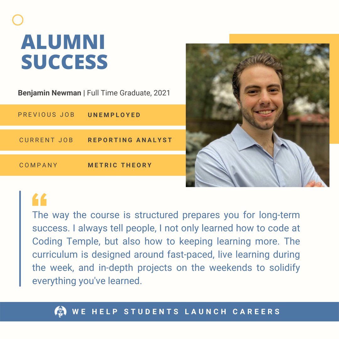 codingtemple's tweet image. Before enrolling in our Full Time #SoftwareEngineeringBootcamp, Benjamin Newman was unemployed and looking for a new career path. He is now a proud Senior Reporting Analyst at Metric Theory! #codingbootcamp