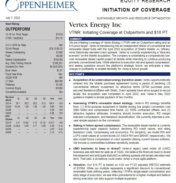 ChefWai93's tweet photo. $VTNR Oppenheimer initiated with Outperform rating, $18 PT 

Note that $18 PT implies a 4x multiple to their 2023 EBITDA estimate of $376mn estimate, vs guidance of $425-450mn. 

1/2 https://t.co/RjXxWltfDh