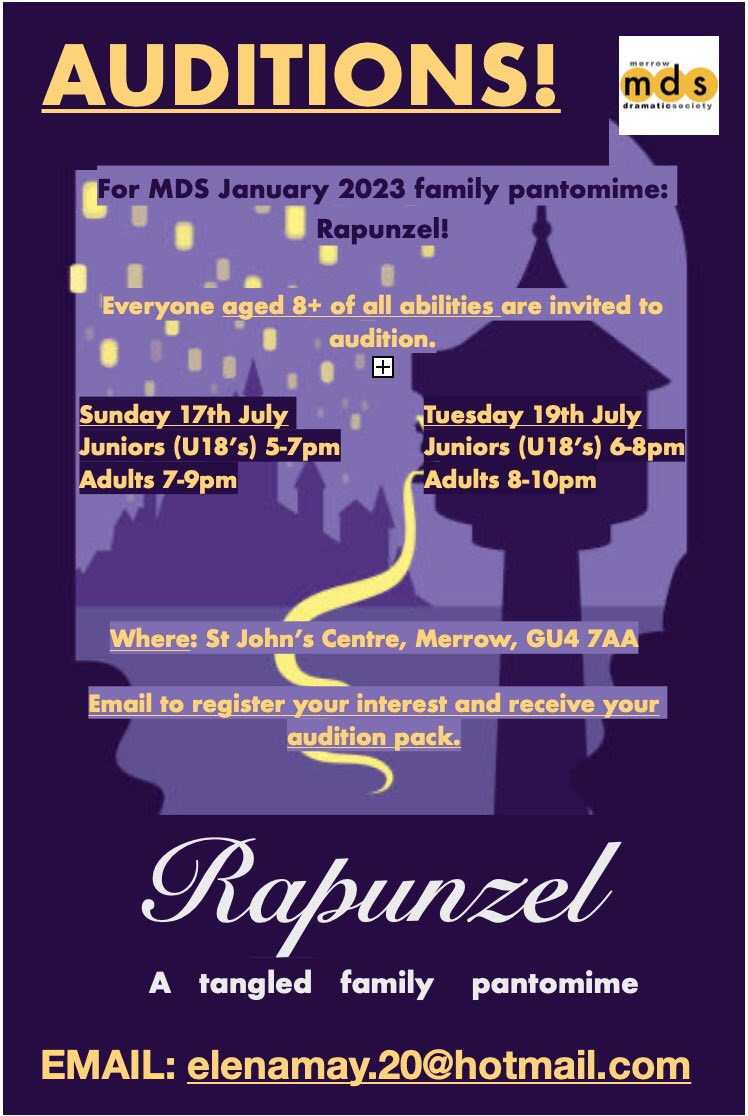 MerrowSociety's tweet photo. Auditions for MDS January 2023 Pantomime, Rapunzel, are soon! There are a range of roles for those of all abilities aged 8+! Please email elenamay.20@hotmail.com for your audition pack.

We look forward to seeing you there!! https://t.co/iGwV88RAr0