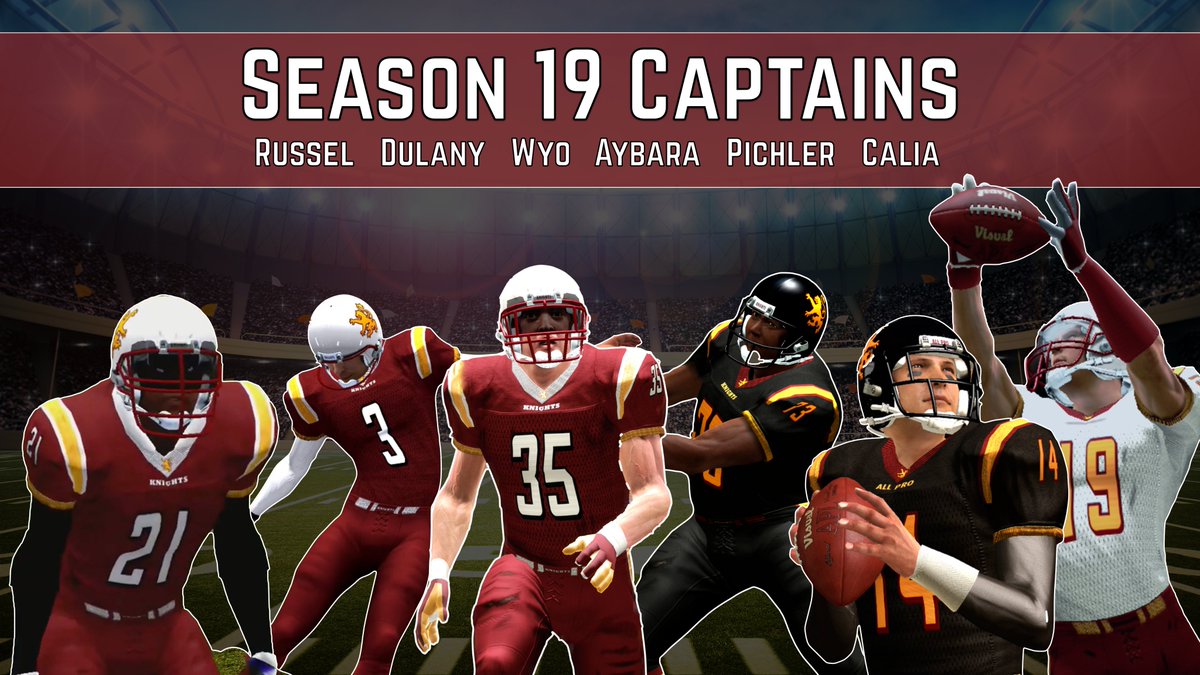 The London Knights are pleased to announce team captains for the Season 19 campaign. Congratulations, men. We're ready for a great season! 🛡⚔️🏆 #HonorTheCode

Jack Russell, SS #21
JT Dulany, K #3
Anthony Wyo, FS #35
Perrin Aybara, G #72
Jonny Pichler, QB #14 
Vin Calia, WR #19