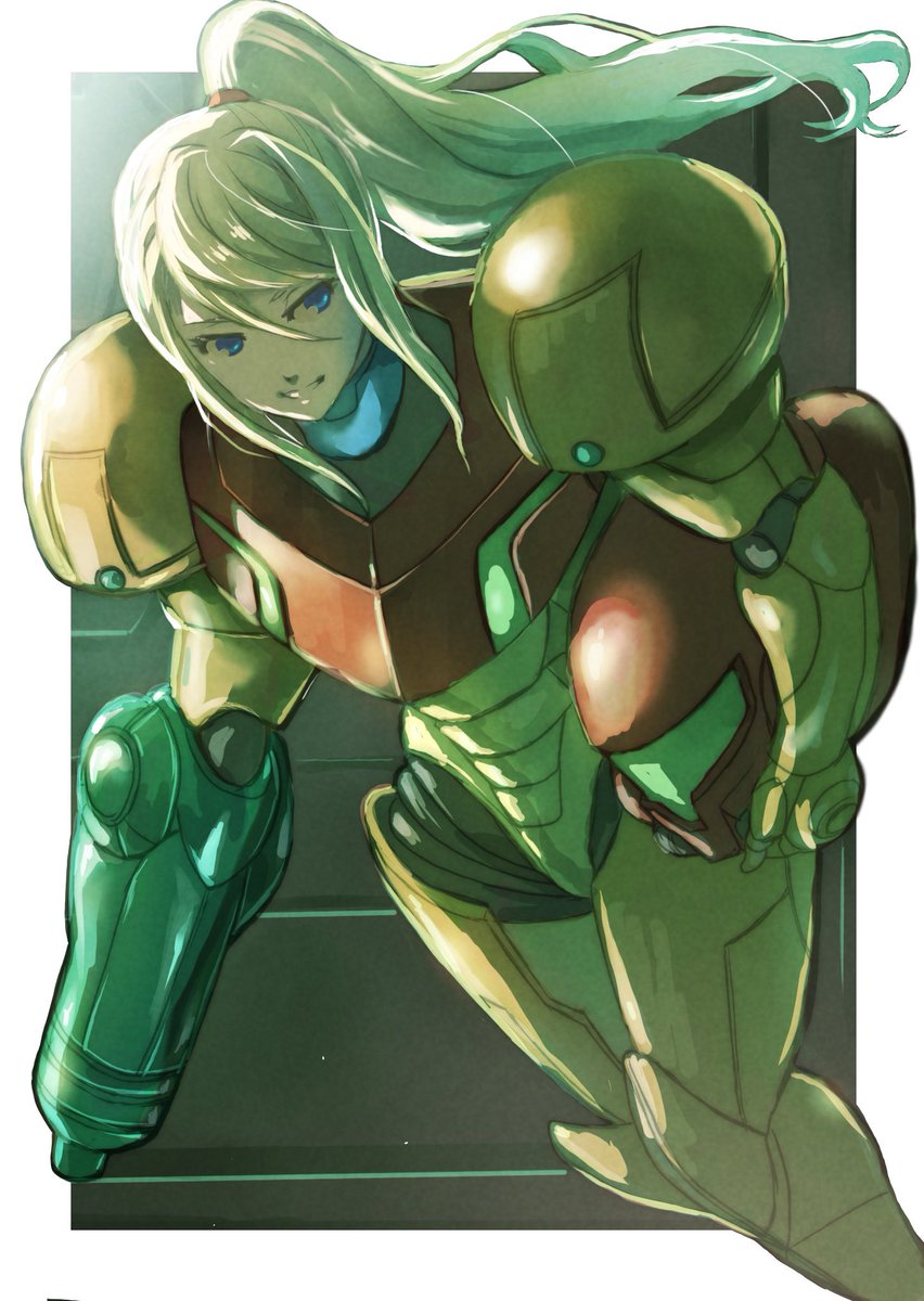 samus aran 1girl power suit (metroid) solo blue eyes ponytail arm cannon blonde hair  illustration images