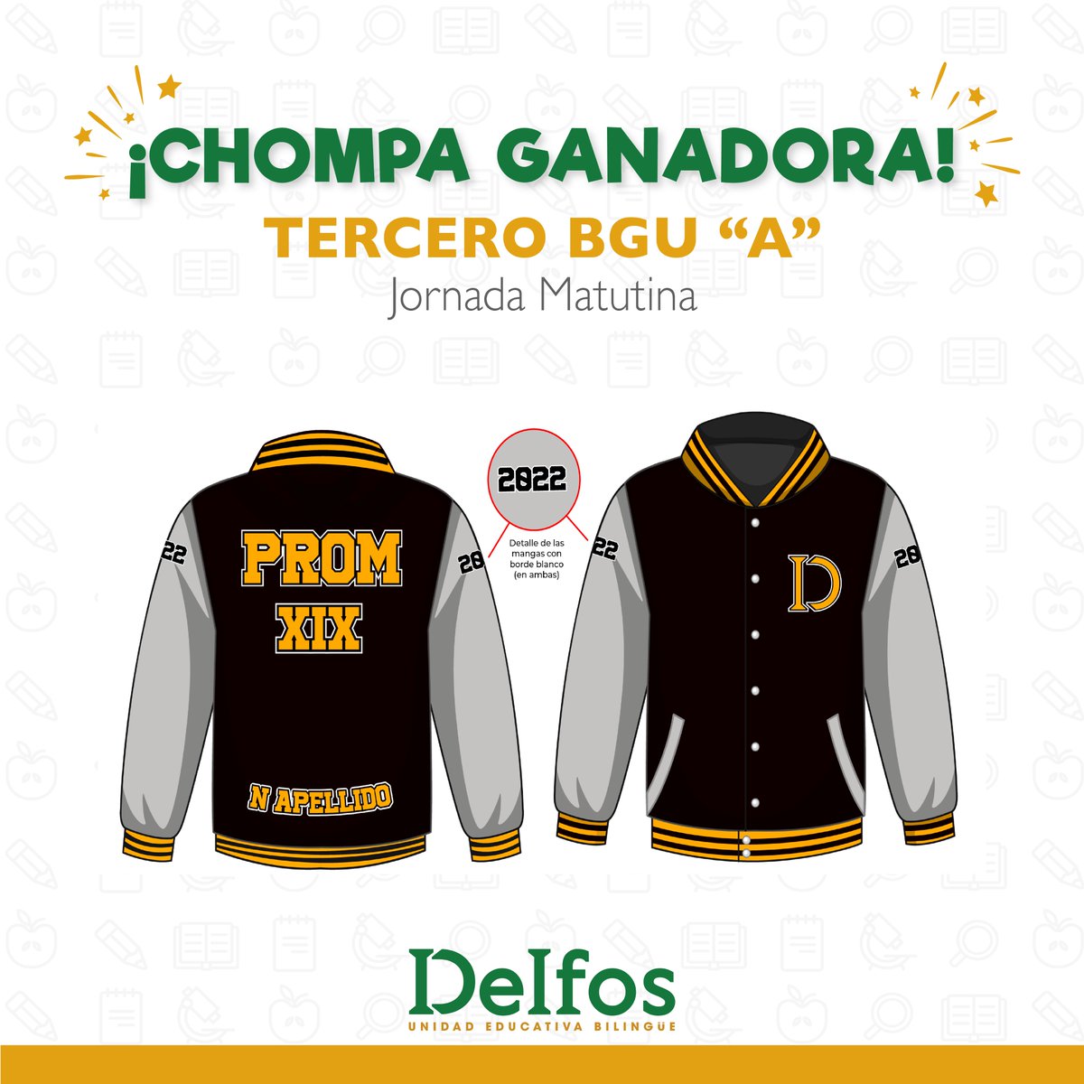 delfos_ec's tweet photo. ¡Presentamos la chompa ganadora de la Promoción XIX! Felicitamos a nuestros estudiantes de Tercero BGU, paralelo A por su excelente diseño. ✨#SomosDelfos💛💚 #DelfosdeCorazón🧡 #PromXIX https://t.co/pmAWlsXXXi