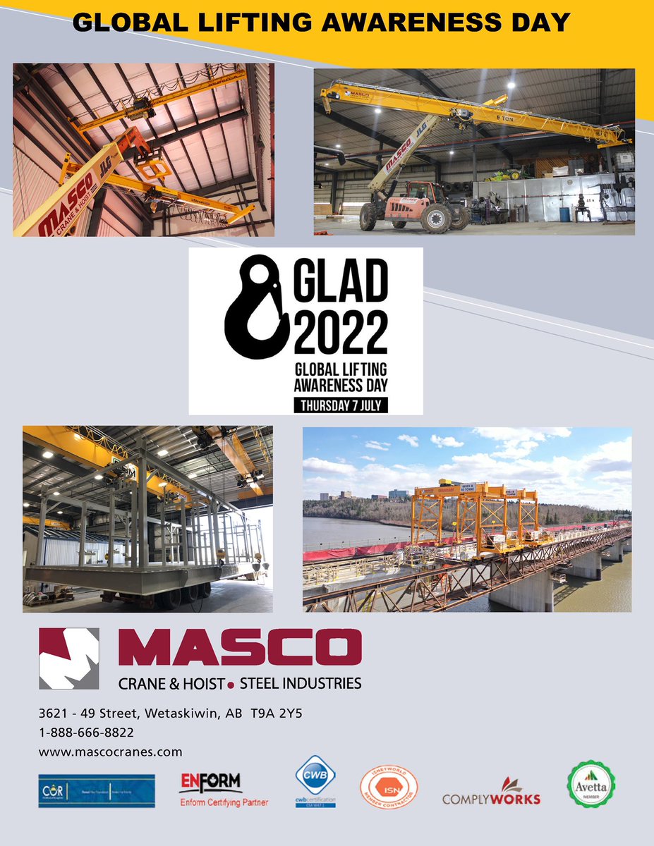 MascoCrane's tweet photo. Today marks the 3rd annual Global Lifting Awareness Day! Today helps to create awareness around safe lifting practices. Masco proudly supports #GLAD2022. #cranes #hoist #bridgecranes #safelifting https://t.co/tDla6GkCpj