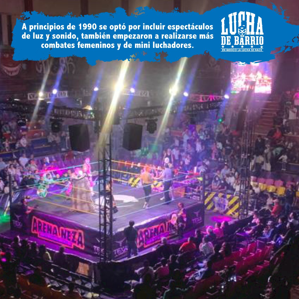 lucha_mx's tweet photo. #SabíasQué
A principios de 1990 se optó por incluir espectáculos de luz y sonido, también empezaron a realizarse más combates femeninos y de mini luchadores.
#SomosLuchaDeBarrio https://t.co/UXd2oJhIEB