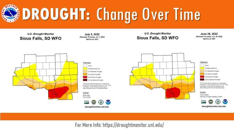 || Thursday, 7 July 2022: Drought Update ||

Here is a look at the most recently released drought conditions from the U.S. Drought Monitor. 

Zoomed in to our local area, you can see some slight worsening in drought conditions despite the recent rains.