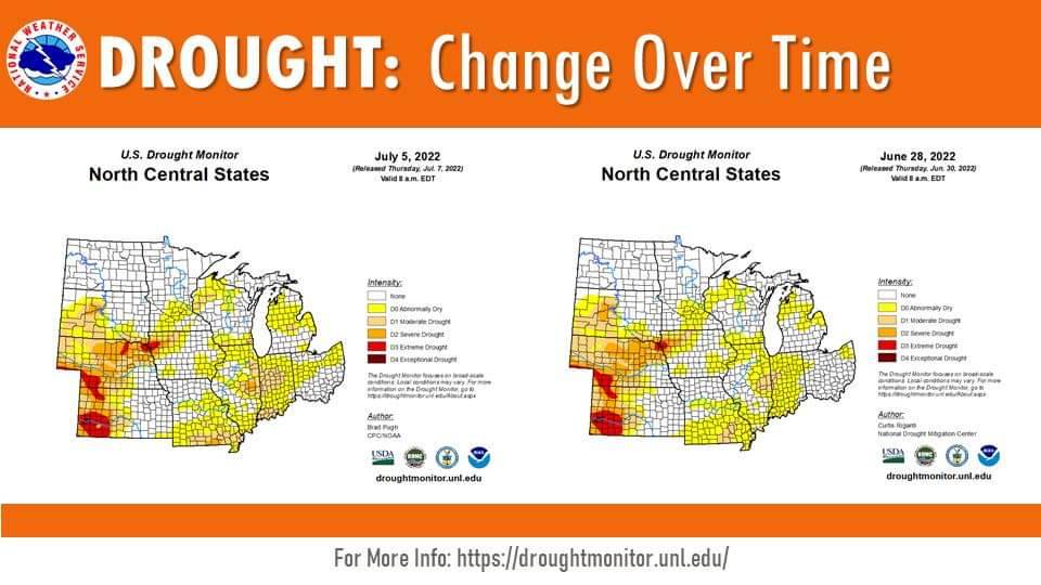 ClayCountySDOEM's tweet photo. || Thursday, 7 July 2022: Drought Update ||

Here is a look at the most recently released drought conditions from the U.S. Drought Monitor. 

Zoomed in to our local area, you can see some slight worsening in drought conditions despite the recent rains. https://t.co/2ZllezLb0d