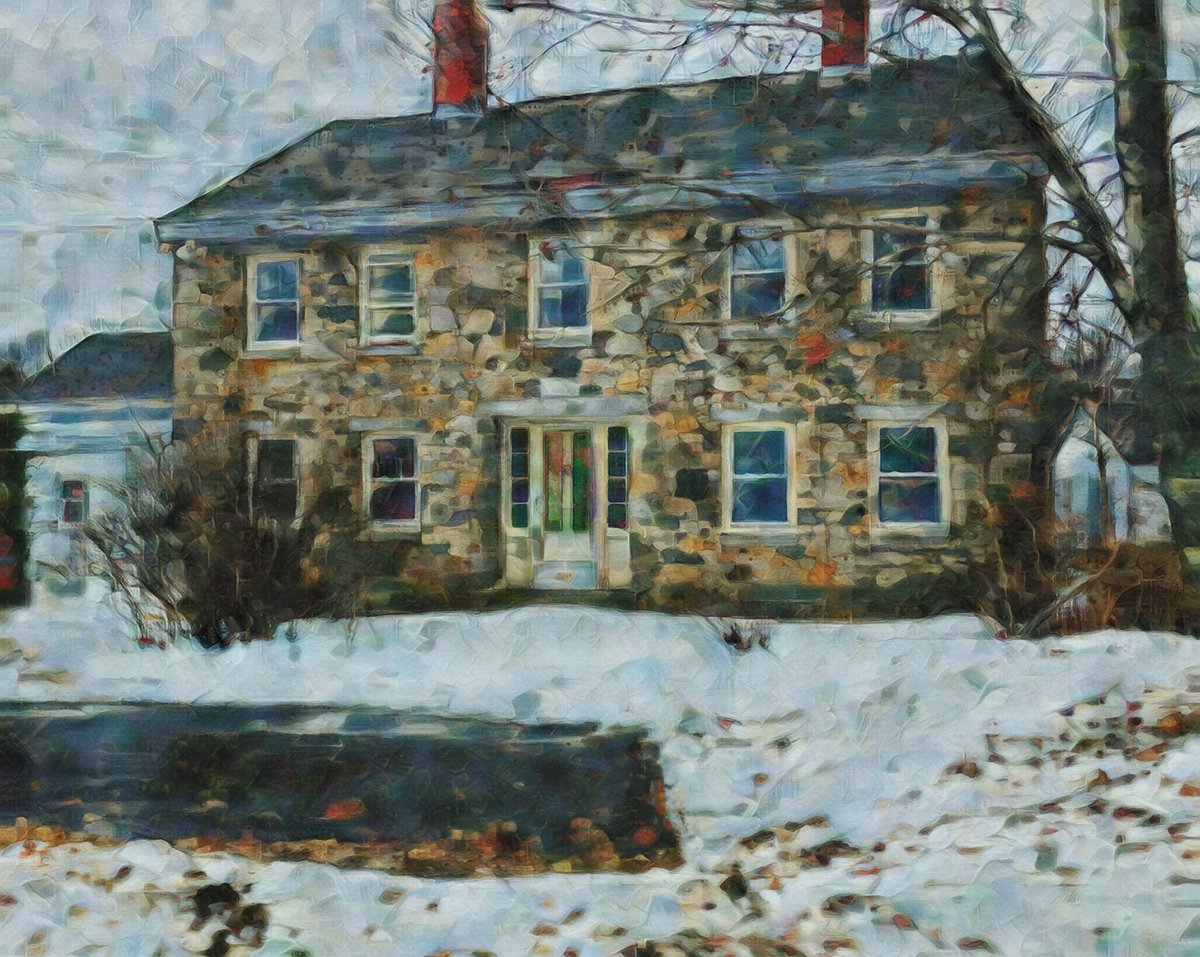 JakartaPirate's tweet photo. Another photo study, this one called "A Stone Farmhouse in January". Original photo taken on an Uber ride home from a haircut, I think. #Mobilism #uber #UberArt #art #ArtistOnTwitter https://t.co/j4SjLpTQkc