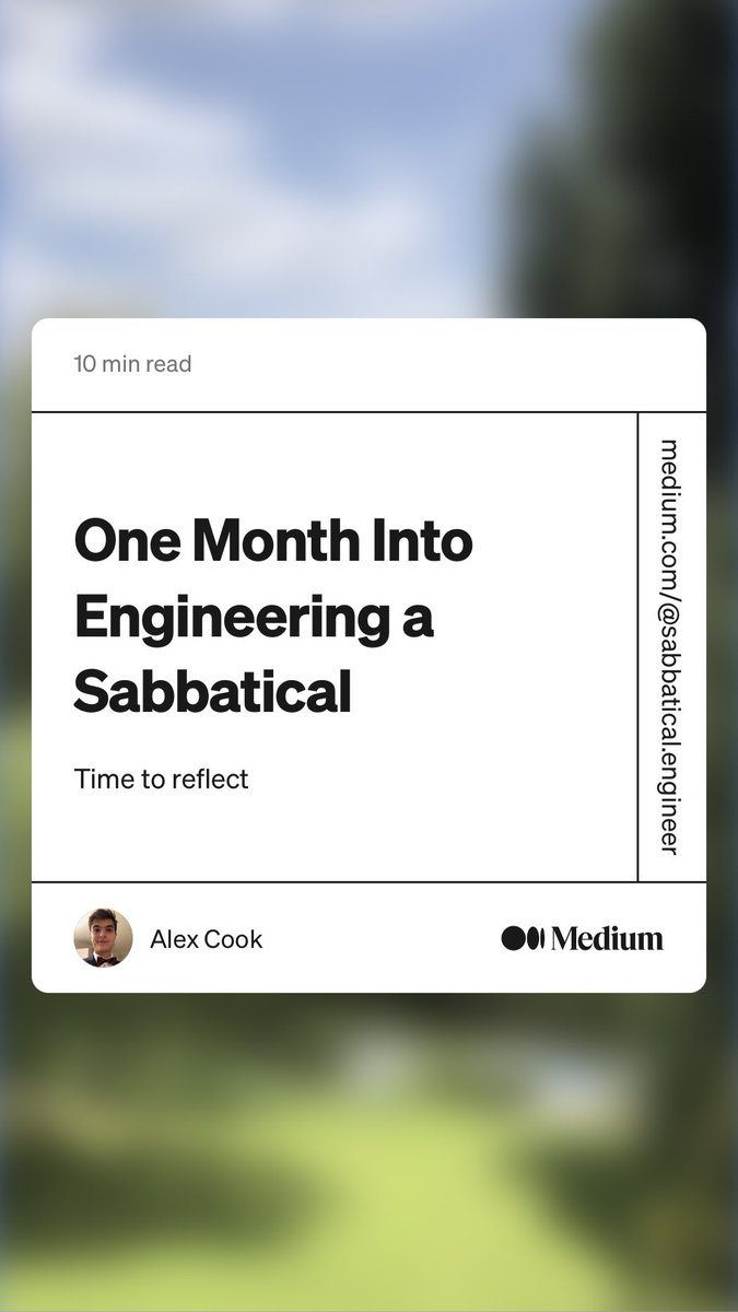 sabbatical_eng's tweet image. I&apos;ve written up the takeaways from my first month of sabbatical for anyone interested! Surprise...it&apos;s not all sunshine and rainbows!

link.medium.com/8ko1IqMHtrb