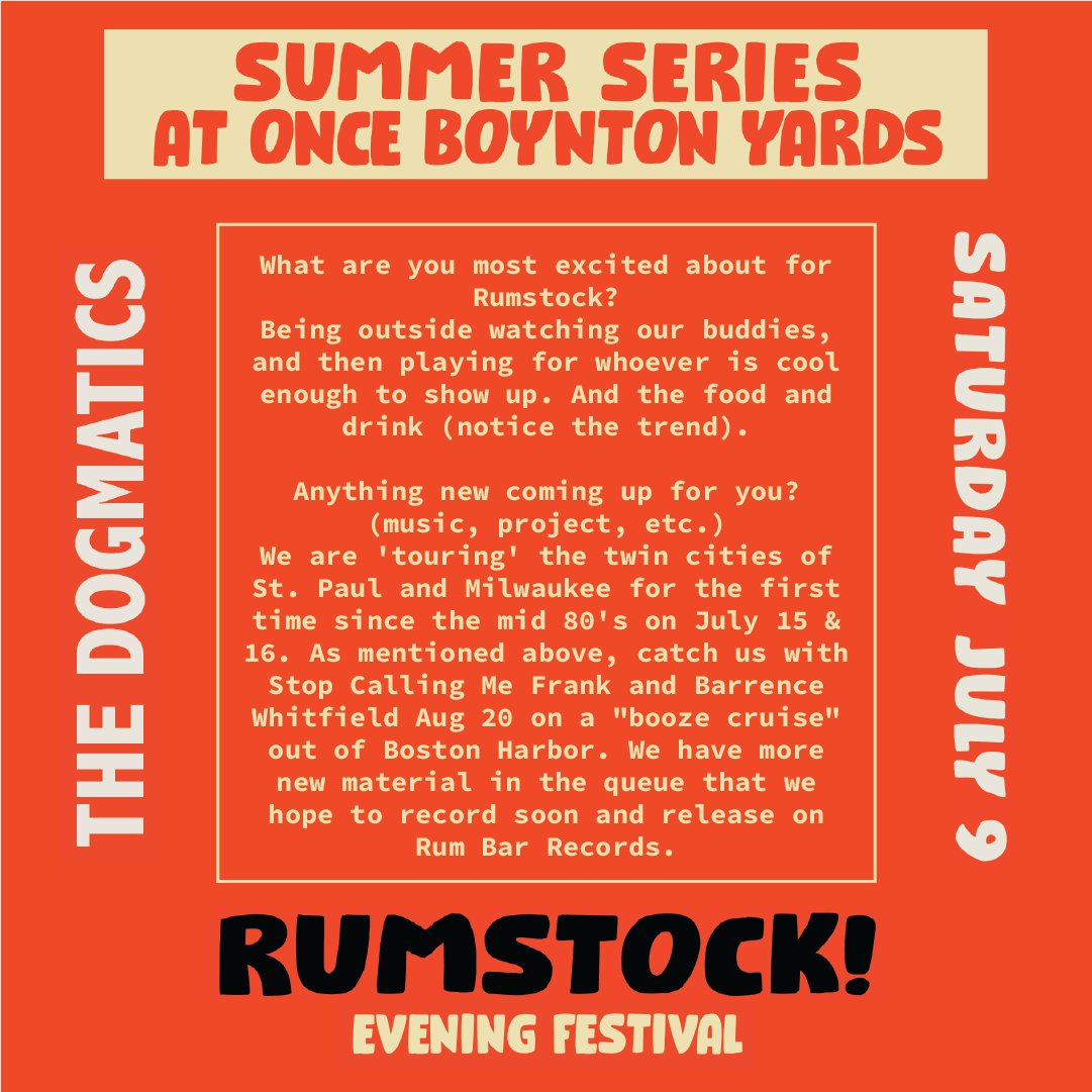 ONCEsomerville's tweet photo. The Dogmatics are playing Saturday night at Rumstock! Read more about them here and get your tickets on our website! #rumstock #rumbarrecords #rocknroll #surfrock #thedogmatics #somerville #onceisforever #oncesomerville
@BoyntonYardsMa https://t.co/i7xJ5ZW2zH