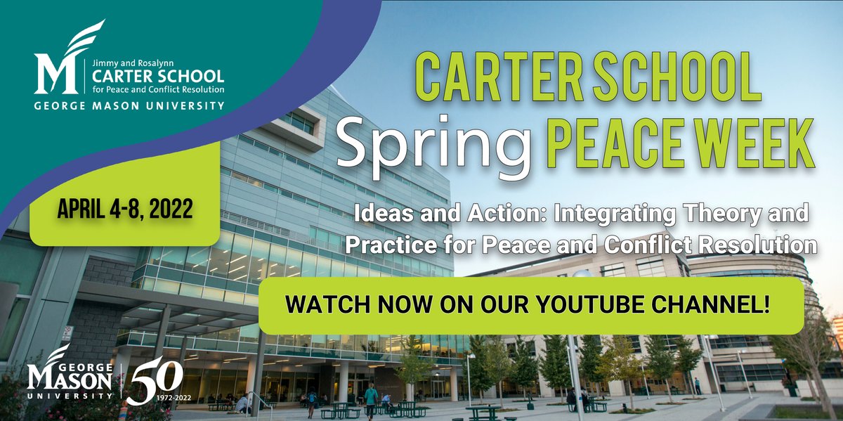 GMUCarterSchool's tweet photo. As the Carter School prepares for #2023PeaceWeek make sure to check out #2022PeaceWeek on our YouTube channel! 

Watch Now! 
https://t.co/5AjxjtBKxL

#mason50 #gmucarterschool #MasonNation #PeaceWeek https://t.co/CLLxe7Iqa4