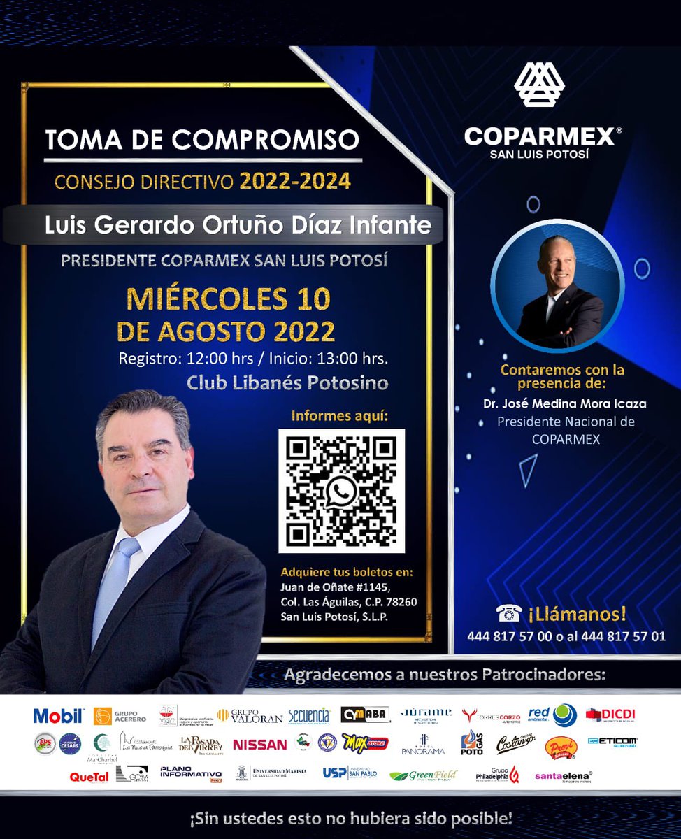 Coparmex SLP se complace en anunciar la visita de nuestro Presidente Nacional, Dr. <a href="/JoseMedinaMora/">José Medina Mora I.</a> para llevar a cabo la “𝗧𝗼𝗺𝗮 𝗱𝗲 𝗰𝗼𝗺𝗽𝗿𝗼𝗺𝗶𝘀𝗼 𝗮 𝗻𝘂𝗲𝘀𝘁𝗿𝗼 𝗖𝗼𝗻𝘀𝗲𝗷𝗼 𝗗𝗶𝗿𝗲𝗰𝘁𝗶𝘃𝗼 𝟮𝟬𝟮𝟮-𝟮𝟬𝟮𝟰”.
👉🏻Realiza tu registro aquí:
forms.gle/Ztg7rxU6FUwhHg…