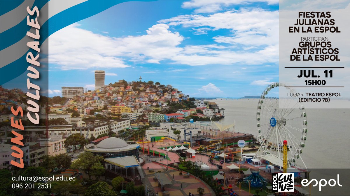 espol's tweet photo. En honor a las fiestas de #Guayaquil, el área de Arte y Cultura de la ESPOL desea invitar a la comunidad politécnica y a la ciudadanía en general a disfrutar de las Fiestas Julianas en el Teatro ESPOL.
¡Los esperamos de celeste y blanco!

#ESPOLCultural https://t.co/V9pVrBkEuT