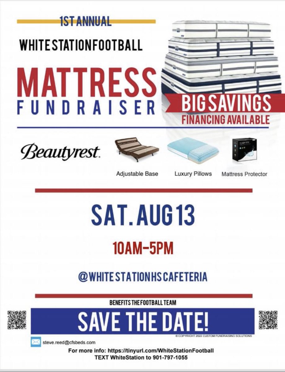 Teran Conley (@wsfightinthesec) on Twitter photo Spread the word. Sleep good on your budget. PLEASE SHARE ON YOUR SOCIAL MEDIA PAGES. If you want to purchase a mattress BEFORE the date on the flyer, email Austin Pike and mention WhiteStation football team at apike@cfsmidsouth.com. Spread the word. Sleep good on your budget. PLEASE SHARE ON YOUR SOCIAL MEDIA PAGES. If you want to purchase a mattress BEFORE the date on the flyer, email Austin Pike and mention WhiteStation football team at apike@cfsmidsouth.com.