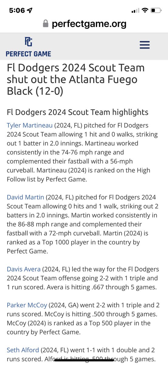 FL Dodgers 2024 Scout team improves to 5-0. David Martin dominated again with FB up to 88 mph and Ty Martineau throws last 2 IP for the shutout. Davis Avera and Parker McCoy add triples and Chris Gant and Kody Daneault both add two hits each to lead offense.