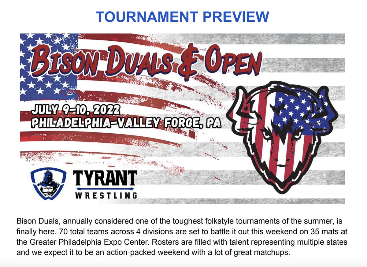 TyrantWrestling's tweet photo. 2022 Bison Duals Tournament Preview featuring the top teams &amp; wrestlers to watch out for this weekend! Visit the preview tab at https://t.co/vRHlz8Wtrd to read all about the stacked field set to compete. Check out division seeds, pools, and more. #TyrantWrestling #BisonDuals https://t.co/Mehl3jnm4D