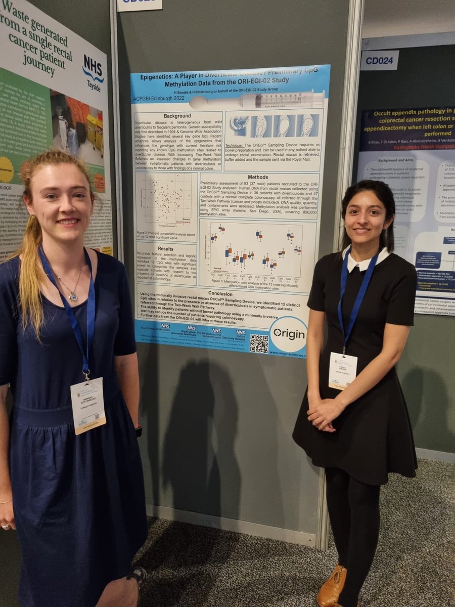 bottomdoc's tweet photo. Great to have the team @OriginSciences presenting our first data on #Oricol #BowelDisease #Bowel #Cancer at #ACPGBI2022 Hannah & Heena from @GenSurgeryRCHT on insights into #diverticulosis https://t.co/yW9yUUQcv7