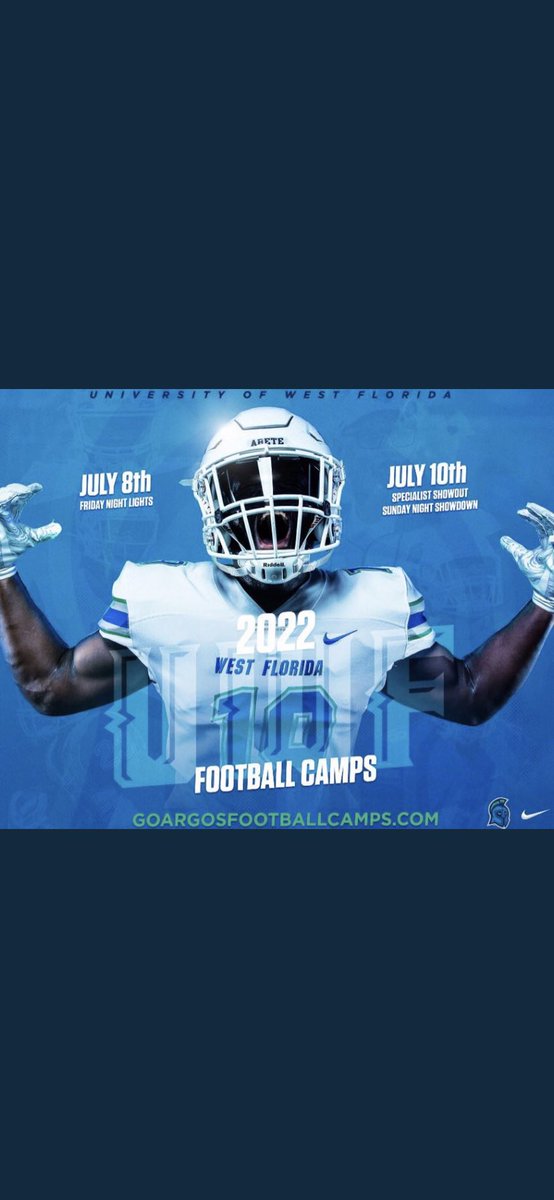 I will be attending the University of West Florida camp tomorrow💚💙@_OrtizTorres @UWFFootball @DunnellonFTBL @thecoachsutton @Showtime12u @CoachKaz352