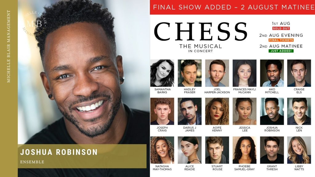 ♟♦️CHESS THE MUSICAL♦️♟

 I will be joining the cast of Chess - the Musical in Concert at Theatre Royal Drury in the Westend from the 1st-2nd August ! - choreography and direction by <a href="/N1CKW1NSTON/">Nick Winston</a> - gonna be a fun one ! let’s get it 👊🏾  

#chess #westend #musicals #concert