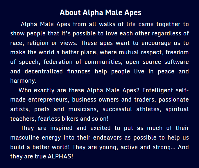AlphaMaleApes's tweet photo. When people ask us who the Alpha Male Apes are, this is what we tell them:
https://t.co/kqUc827KR3
@AlphaMaleApes #NFTCommunity #AMAC #apefollowape #ApesTogetherStrong #apeup #nextlevelapes https://t.co/TzSZ5xCIwU