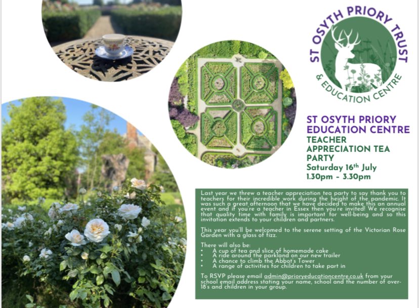 StOsythEdCentre's tweet photo. @EssexSCITT We couldn’t agree more! We’re hosting a teacher appreciation tea party at St Osyth Priory Estate to thank teachers but more importantly to give them the chance to relax w/ their families for free in a lovely setting. We’d love to see some of your alumni there on July 16th https://t.co/gmHJ1oEUQf