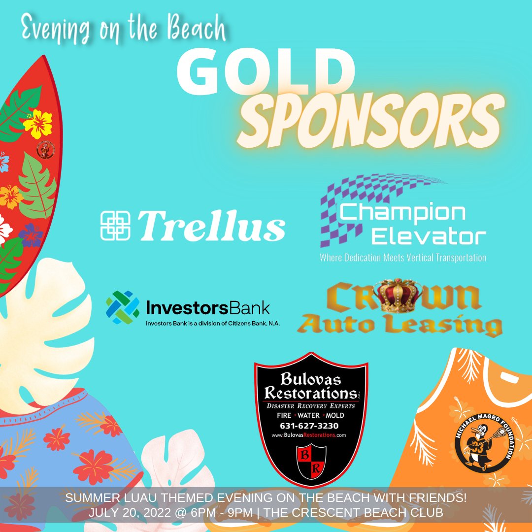 We would like to welcome our Evening on the Beach Event 𝗚𝗼𝗹𝗱 𝗦𝗽𝗼𝗻𝘀𝗼𝗿𝘀: Trellus, @investorsbank, <a href="/Crown_Auto/">Crown Auto Leasing</a>, <a href="/BulovasInc/">Bulovas Restorations</a>, and Champion Elevator! To purchase your tickets, please click the linktr.ee link in our bio.