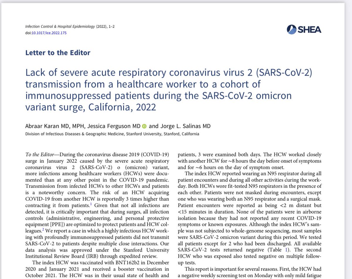 AbraarKaran's tweet photo. 1/ In our new paper, we describe lack of transmission from a very contagious healthcare worker during the Omicron surge caring for immunocompromised patients

Use of N95 respirator, excellent ventilation in hospital rooms &amp; availability of testing all helped to avert more spread https://t.co/VsW1CKNxFY