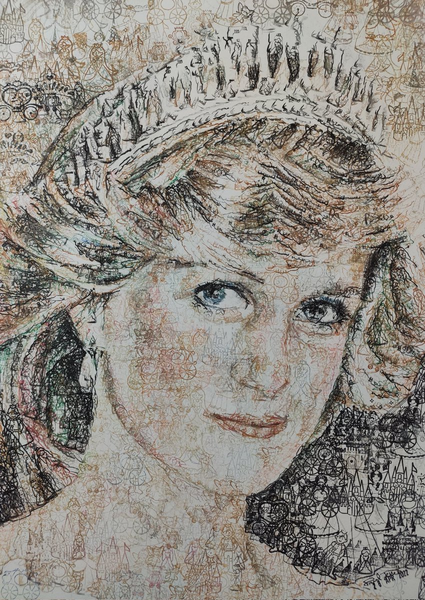 pauljessettart's tweet photo. Princess Diana. Hand stamped with fairytale themed rubber stamps and ink on A3 paper. Please zoom in. https://t.co/oGd4CXcMwe #princessdiana #princessdi #royalfamily #art #artist #artcommission #artwork #stampwork #portrait #portraiture #fairytale https://t.co/k2U0wCVYO2