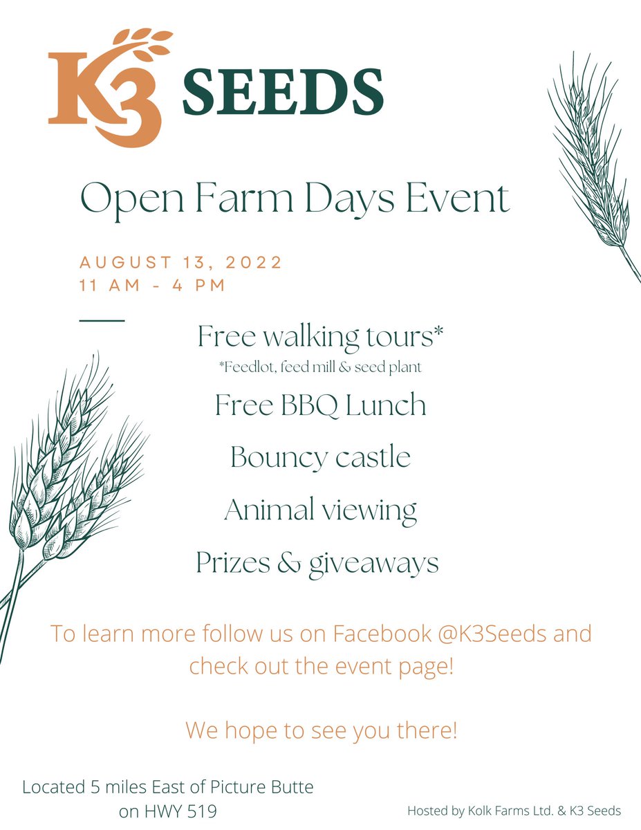 Did you know that K3 Seeds has seed retail, seed cleaning, and cattle feeding in the same location?

On Saturday, August 13th, we want to invite you to come out and join us for Alberta Open Farm Days!

We hope to see you there!