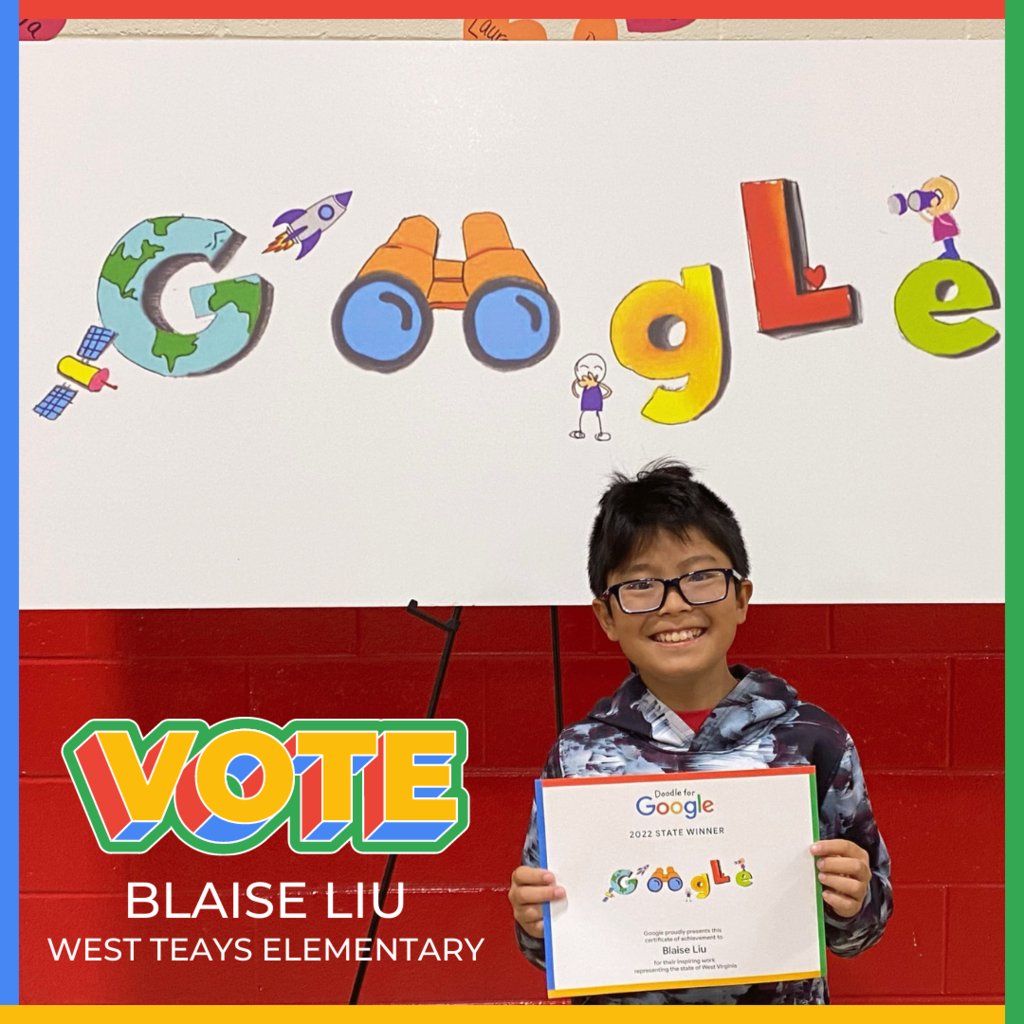 PutnamWVSchools's tweet photo. 📢 VOTE FOR BLAISE TODAY! 🗳 https://t.co/aV3WUQL9Xp
Blaise Liu, a 5th grader at West Teays, has been chosen as the WV winner for the Doodle for Google Student Contest & will advance to the next level of the competition; public voting! 🎉 #PutnamProud #Doodle4Google https://t.co/SLQCSGWB1v